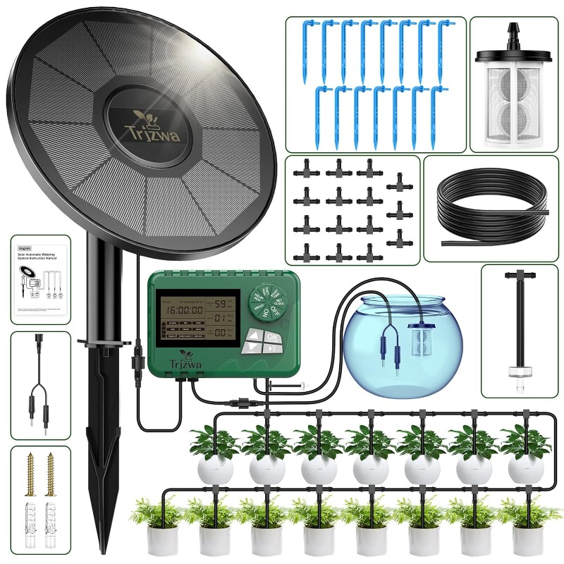Automatic Plant Waterer - ソーラー灌漑装置 温室灌漑 点滴灌漑キット 15Mホース付き 鉢植え用 自動タイマー付き