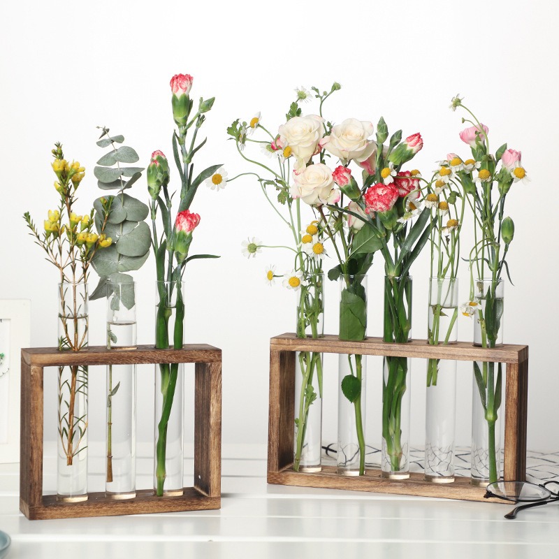 Self-Watering Planter - 5チューブガラス水耕プランター 木製スタンド付き 自動給水壁/卓上植物花瓶 屋内ハーブガーデン用 ユニークなギフト