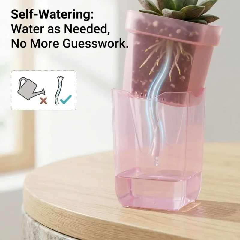 透明ピンクの自動給水プランター。排水穴付き。植物用鉢、園芸用 - Self-Watering Planter のレビューと価格
